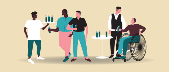 Party or bachelor party with variety of people isolated, flat vector stock illustration as holiday with cocktails and fun, holiday of inclusive people