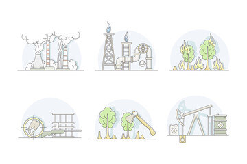 Ecological problems set. Deforestation, animal extermination, fire, oil and gas extraction, air pollution vector illustration
