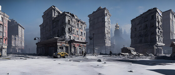 Destroyed city, background illustration.