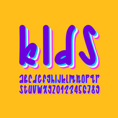Hand drawn font alphabet in the cartoon style, letters and numbers in doodle style