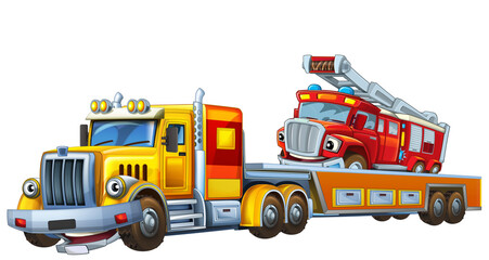 cartoon tow truck driving with other car fireman