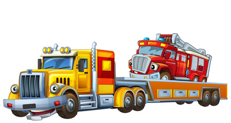 cartoon tow truck driving with other car fireman