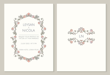 Retro wedding invitation template. Vintage color oval frame and monogram border. Floral decoration pattern.