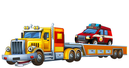 cartoon tow truck driving with other car fireman