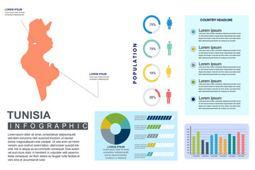 Tunisia detailed country infographic template with world population and demographics for presentation, diagram. vector illustration.