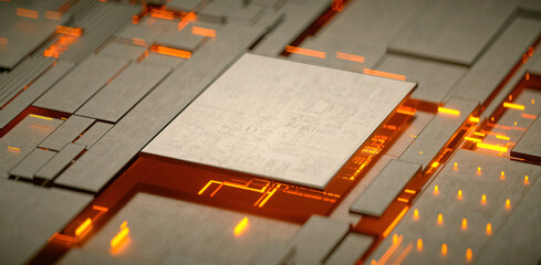 3D rendering of cyberpunk AI. Circuit board. Technology background. Central Computer Processors CPU and GPU concept. Motherboard digital chip. Tech science background.