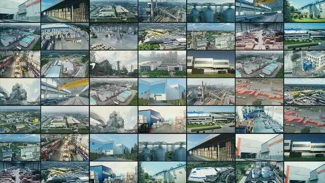 Video wall montage industrial production. Exterior of modern factory video collage. Industry multiscreen video. Industrial video collage. modern factory