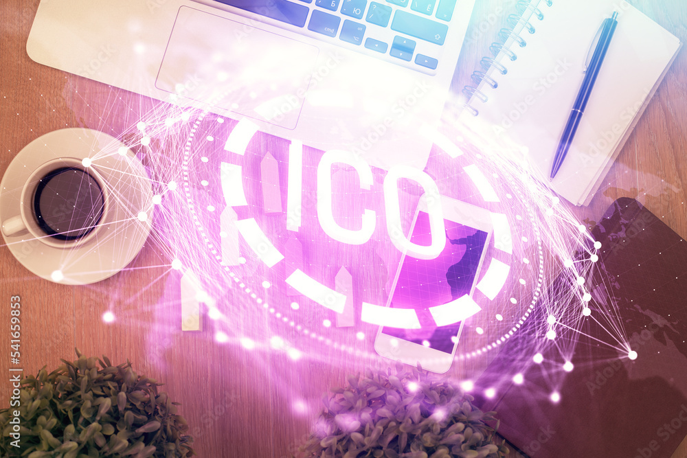 Poster double exposure of blockchain theme hologram over table with phone. top view. crypto technology conc