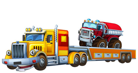 cartoon tow truck driving with other car fireman