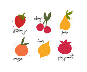 Sweet fruits flat vector illustration set. Cartoon agricultural product apple, pomegranate, orange, pear, strawberry, lemon isolated collection. Autumn harvest. Organic juicy healthy eco product.