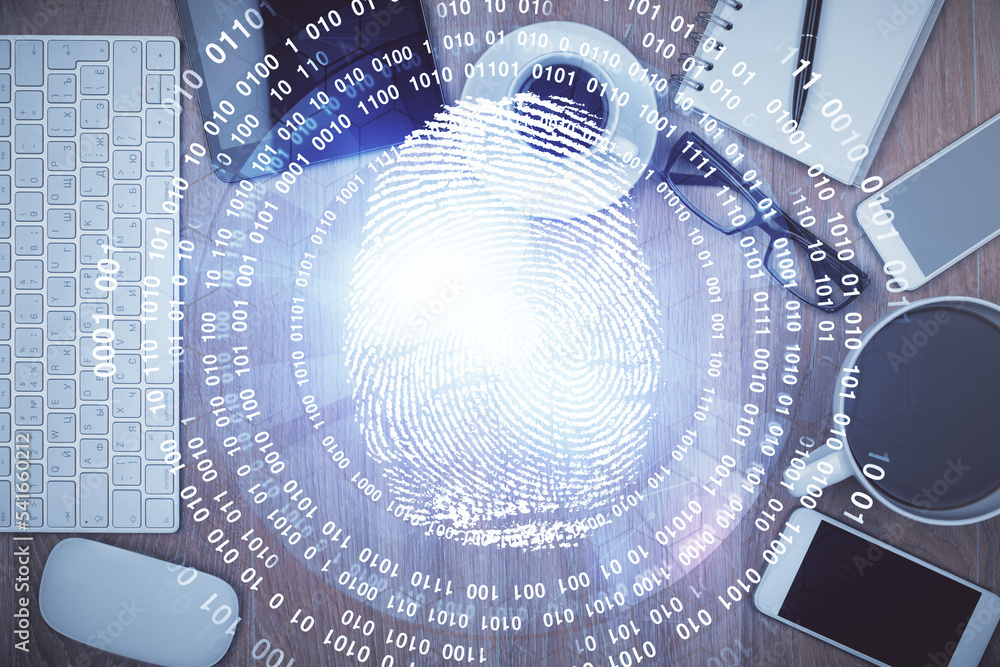 Poster Double exposure of finger print over table with phone. Top view. Concept of mobile security.