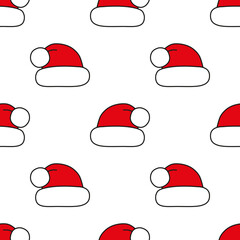 Seamless vector pattern. Red Christmas hats on white. Christmas background for festive designs, textile print, wrapping, paper decorations, decors, banners, cards, and invitations.