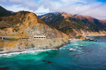 Aerial view of Pitkins Curve Bridge and Rain Rocks Rock Shed in California