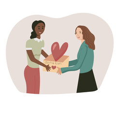 Young woman give box with heart donation to lady. Charity vector flat illustration
