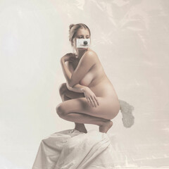 Creative design. Contemporary art collage. Beautiful young woman posing naked. Dog's muzzle and tail element
