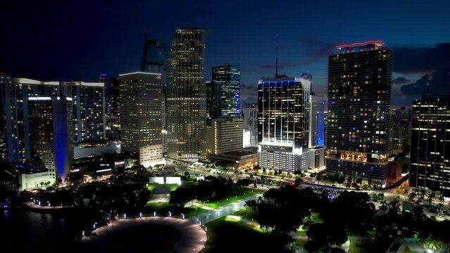 Night cityscape Miami Florida United States. Night aerial landscape of stunning ferris wheel at amusement park. Night scape Miami Florida. Night city Miami United States.