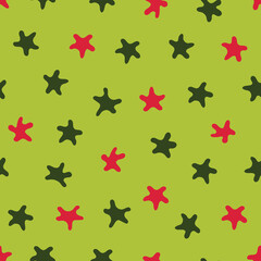 Stars pattern. Seamless vector illustration. Green and red elements on a light green background. Great for backdrop decoration, cards, wallpaper, textiles, fabric, wrappers, additions to the design.