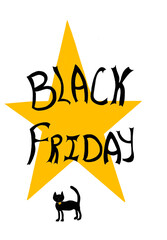 Black Friday with a yellow star and a black cat named friday on the medallion 