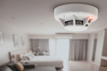 smoke detector fire alarm detector home safety device setup at home hotel room ceiling - obrazy, fototapety, plakaty