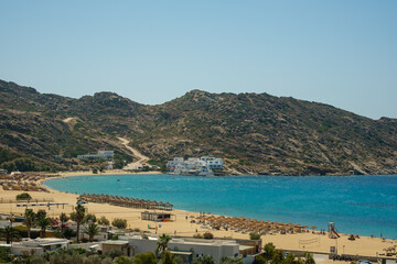 Breathtaking panoramic view of the famous Mylopotas beach in Ios Greece