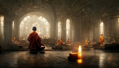 Buddhist monk in meditation, praying at temple background - obrazy, fototapety, plakaty