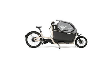 Efficient black cargo bike against white background