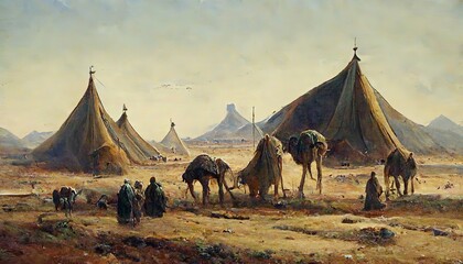 A Bedouin tent set up. Camping in the desert with camels