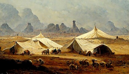 A Bedouin tent set up. Camping in the desert with camels - obrazy, fototapety, plakaty