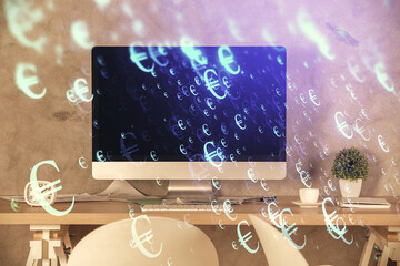 Multi exposure of financial graph drawing and office interior background. Concept of market...