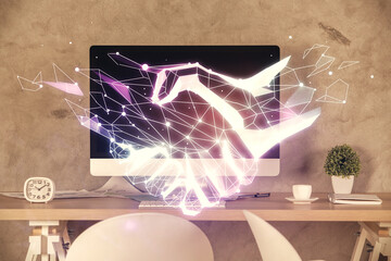 Multi exposure of handshake drawings and office interior background. Partnership concept.