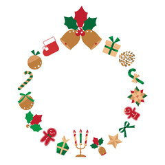 かわいいクリスマスのモチーフを散らしたリース・金色ベース