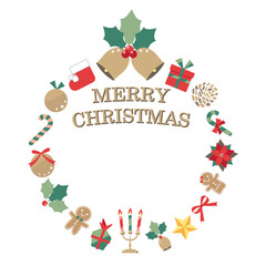 クリスマスのモチーフを散らしたリースとMERRY CHRISTMASの文字