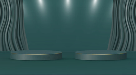 3d abstract scene background dark green cylinder circle podium with curtain background product presentation mock up show	
