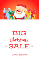 Big Christmas Sale banner vector template. Illustration of a cute Santa Claus and colorful gift boxes. Backdrop for web, social networks and stories. 
