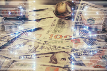 Double exposure of tech theme drawing over usa dollars bill background. Concept of technology.
