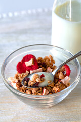 Müsli Cerealien mit Trockenfrüchten Joghurt und Milch