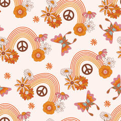 Retro 1970 Groovy Flowers,Seamless Pattern Hand-Drawn Vector Illustration. Seventies Style, Groovy Peace