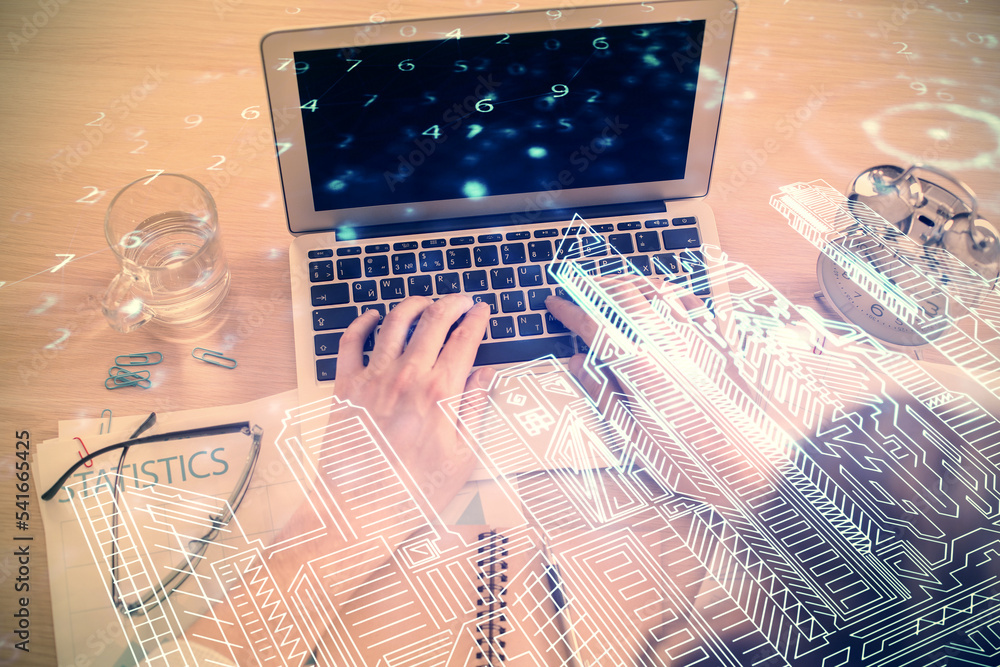 Aufkleber Double exposure of man's hands typing over computer keyboard and buildings drawing. Top view. smart city concept.
