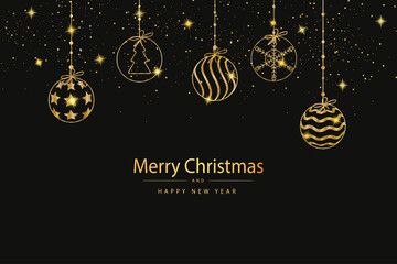 Illustration of an elegant merry Christmas background with golden balls. A Merry Christmas and New Year greeting card or a modern background.