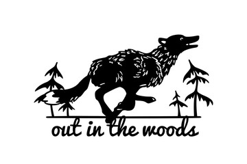 Vector card with hand drawn happy gray wolf running in the woods. Ink drawing, graphic style. Beautiful design elements, logo template © petrovskaya