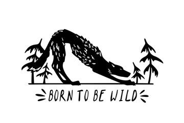 Vector card with hand drawn cute skinny stretching wolf on woody background. Ink drawing, graphic style. Beautiful design elements, logo template