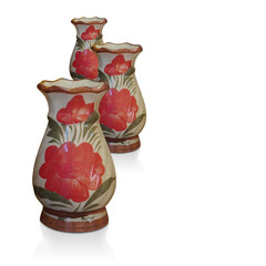 Antique three brown ceramic vase on white background, vintage, retro, decor, gift, copy space