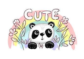 Cute Panda Bear with rainbow and hearts, vector illustration hand drawn panda. Design print for t-shirt. Magical hearts