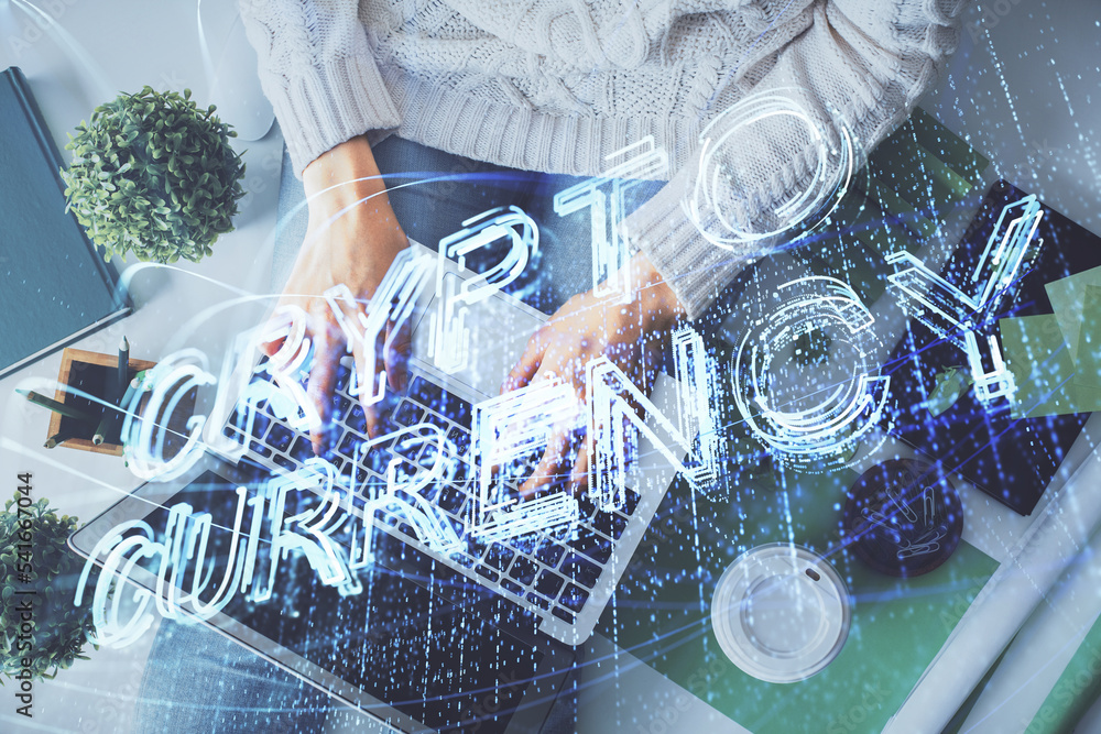 Poster double exposure of woman hands working on computer and blockchain theme hologram drawing. top view. 