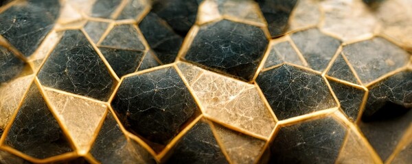 Marble gold fractal textures. Broken stones. Luxury abstract solid shapes. Black marble. White marble, 3d illustration