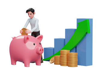 businessman saving gold coins into piggy bank with bar chart and green arrow up, 3d rendering of business investment concept