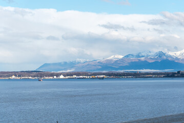 Port of Anchorage near downtown with Cook Inlet, Turnagain Arm  and snow cap Chugach Mountain in background