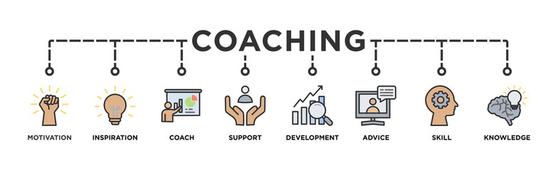 Coaching banner web icon for coaching and success, motivation, inspiration, teaching, coach, learning, knowledge, support and advice. Minimal vector infographic.