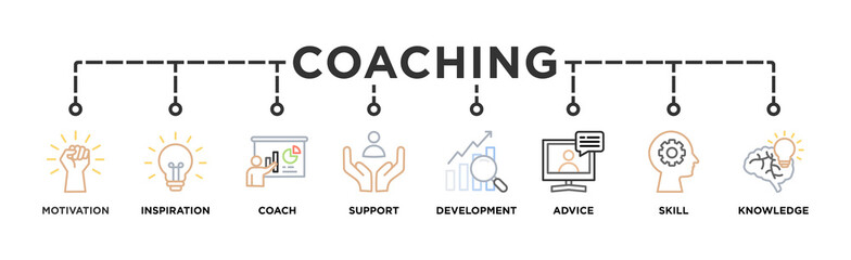 Coaching banner web icon for coaching and success, motivation, inspiration, teaching, coach, learning, knowledge, support and advice. Minimal vector infographic.