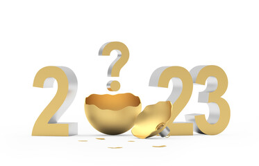 Golden number of the new year 2023 with a question mark in a broken christmas ball. 3D illustration